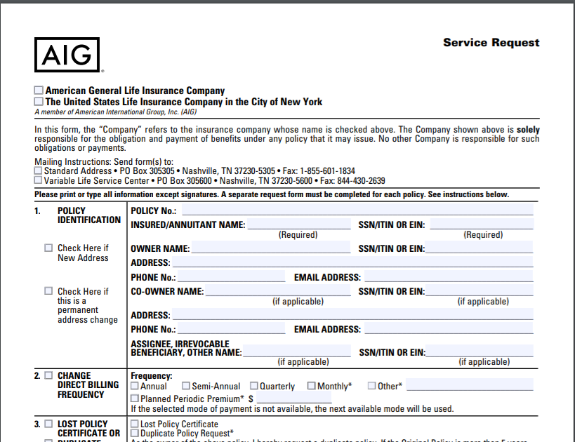 AIG Cancellation form