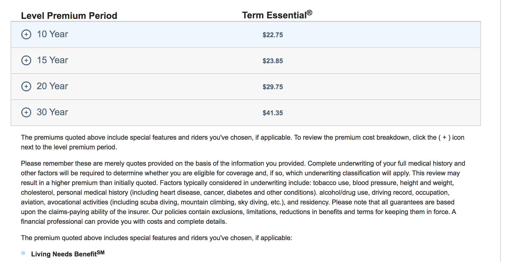 Prudential website Find a Life Insurance Policy page insurance quote results level premium period rates