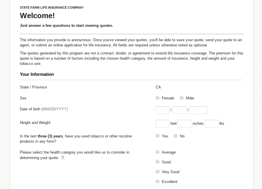 State Farm Website Life Insurance Quote Welcome Page