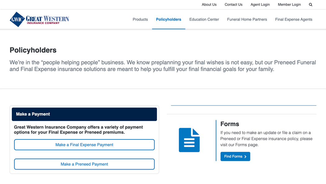 Great Western Life Insurance Website Policyholder Page